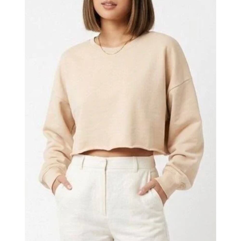 NEW Naked Wardrobe Crewneck Sweatshirt Cropped Nude Beige Raw Hem XL